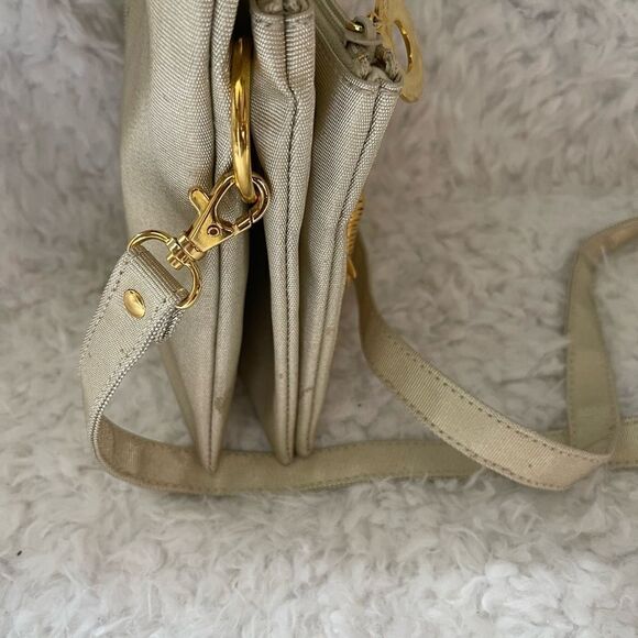 Gold Nylon Crossbody bag with Gold Brass Elephant Attachment & Crystal Eyes - Picture 6 of 11